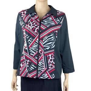 CJ Banks Women Black Red Geometric Collared Long Sleeve Jacket Size 1X